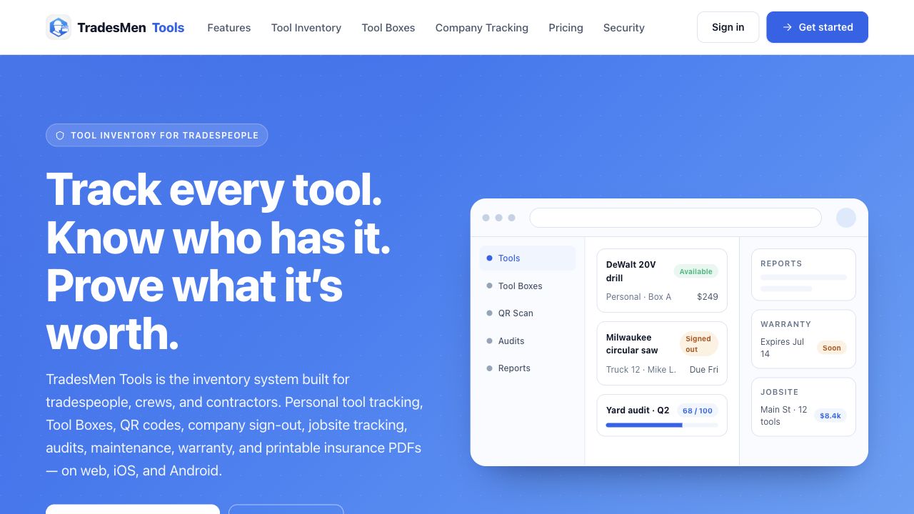 TradesMen Tools dashboard preview